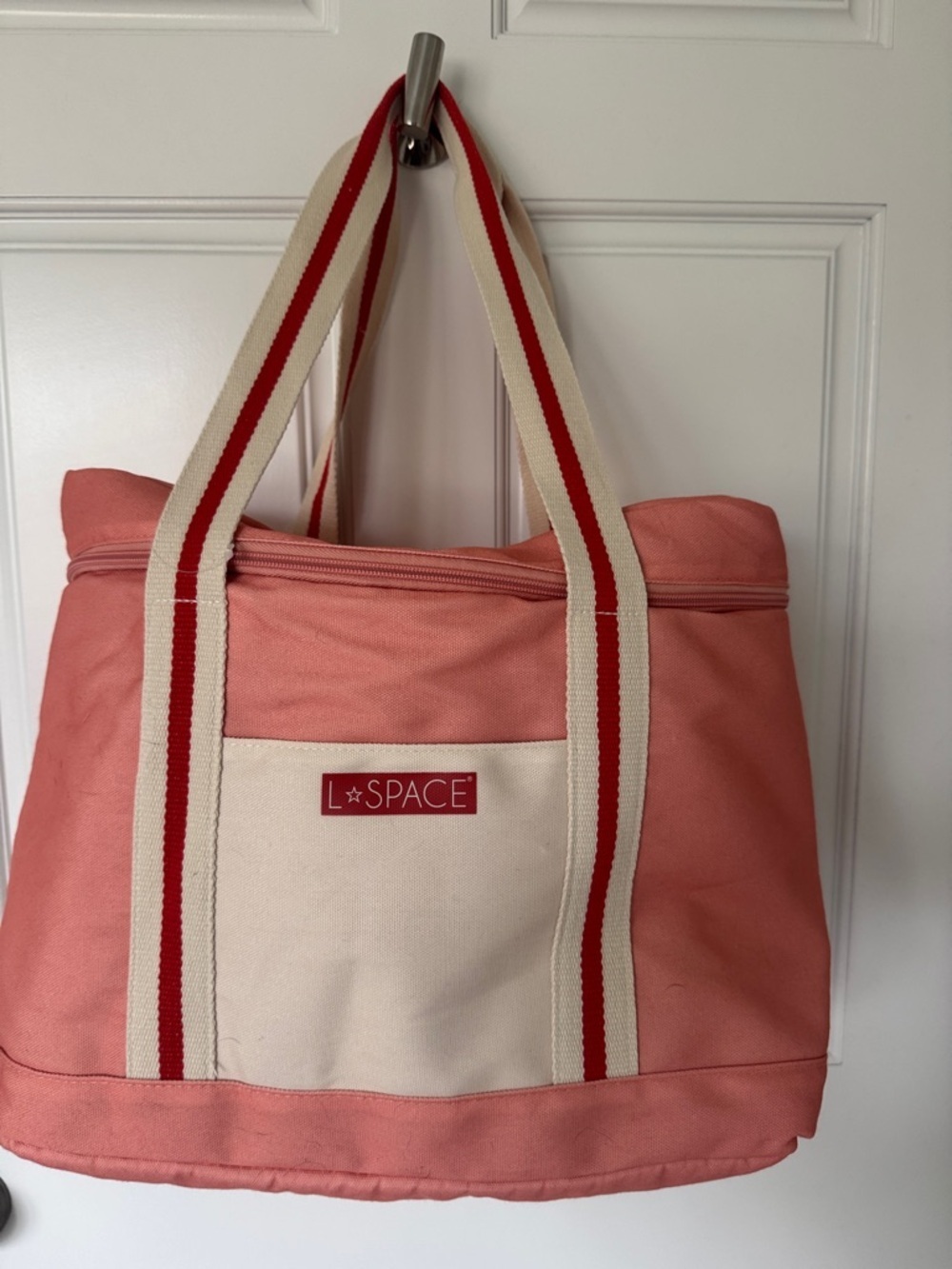 l*space Coral and Cream Canvas Insulated Tote/Cooler with Red Accents